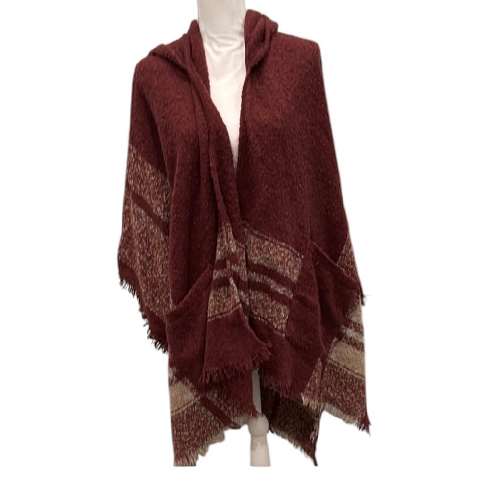 Cost Plus World Market Hooded Plaid Poncho in Burgundy and Cream